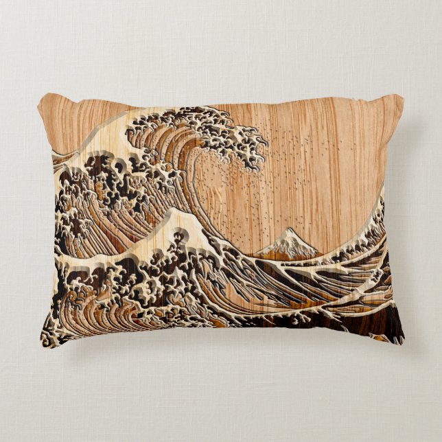 Der Große Hokusai Wave Bamboo Holz Grain Style Zierkissen (Vorderseite)