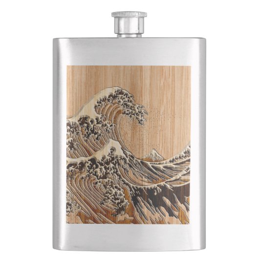 Der große Hokusai Wave Bamboo Holzstil Akzent Flachmann (Vorderseite)