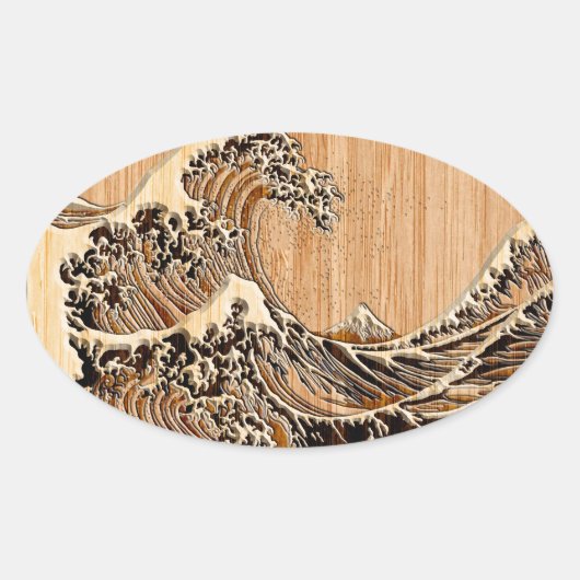 Der große Hokusai Wave Bamboo-Holzstil Ovaler Aufkleber (Vorderseite)