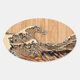 Der große Hokusai Wave Bamboo-Holzstil Ovaler Aufkleber