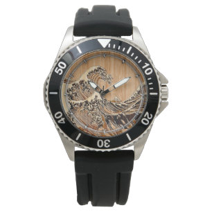 Der große Hokusai Wellen-hölzerne Art-Bambusakze Armbanduhr