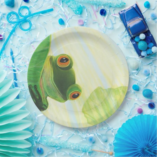 Der große mit Augen grüne Frosch hinter dem Lilien Pappteller (Party)