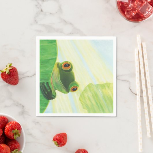 Der große mit Augen grüne Frosch hinter dem Lilien Serviette (Beispiel)