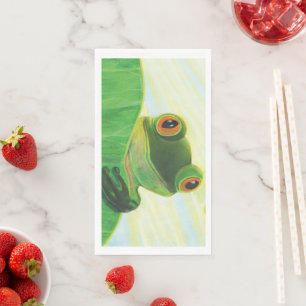 Der große mit Augen grüne Frosch hinter dem Lilien Serviette