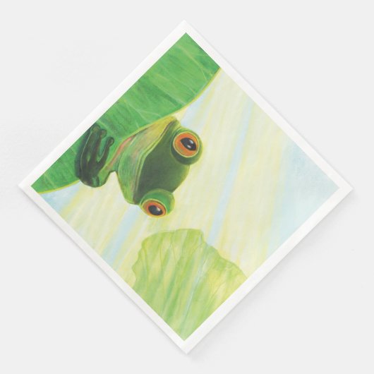 Der große mit Augen grüne Frosch hinter dem Lilien Serviette (Ecke)
