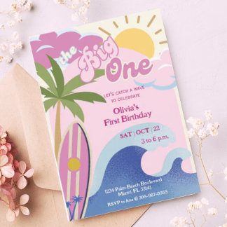 Der große, rosa Retro-Surf zum ersten Geburtstag Einladung