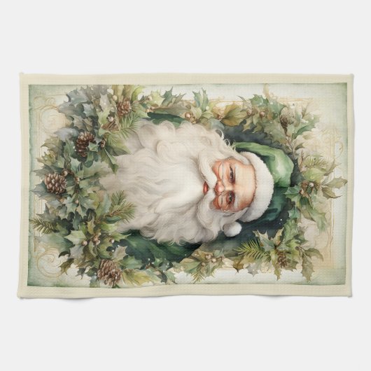 Der grüne Weihnachtsmann Gerahmt in Weihnachtsblät Geschirrtuch (Horizontal)