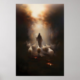 Der Gute Hirte Aquarell Jesus mit Schafen Poster