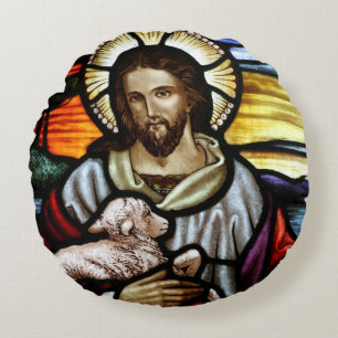 Der Gute Hirte; Jesus auf Bleiglas Rundes Kissen