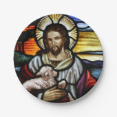 Der gute Hirte; Jesus auf Buntglas Pappteller (Vorderseite)