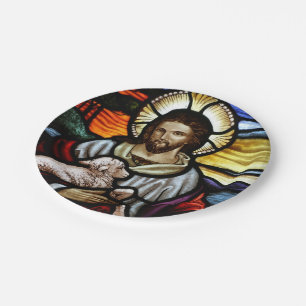 Der gute Hirte; Jesus auf Buntglas Pappteller