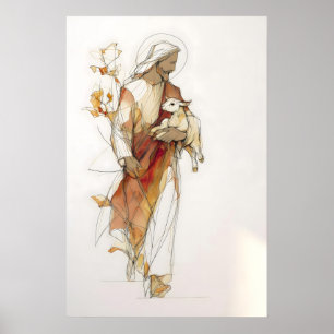 Der gute Hirte Jesus mit Lamm Minimalistische Lini Poster