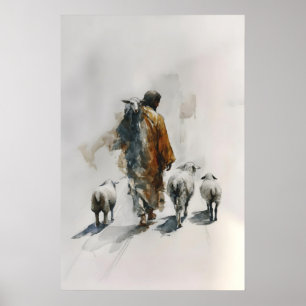 Der gute Hirte Jesus mit Schafen Aquarell Poster