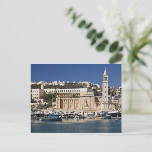 Der Hafen und die Kirche in Marsaskala am Postkarte (Stehend Vorderseite)