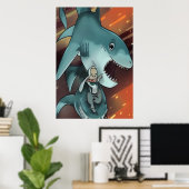 Der Hai und der Mann | AI Art Poster (Heimbüro)