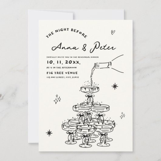 Der handlich illustrierte Champagner-Turm Einladung (Vorderseite)