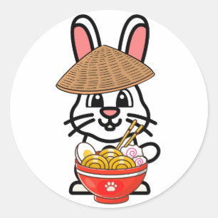 Der Hase isst Nudeln Runder Aufkleber