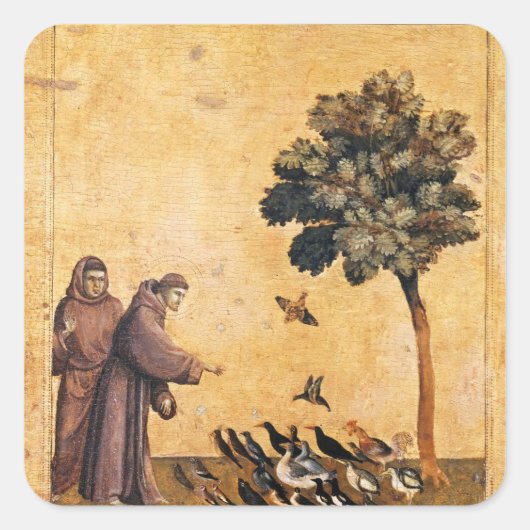 Der heilige Franz von Assisi predigt die Vögel Quadratischer Aufkleber (Vorderseite)