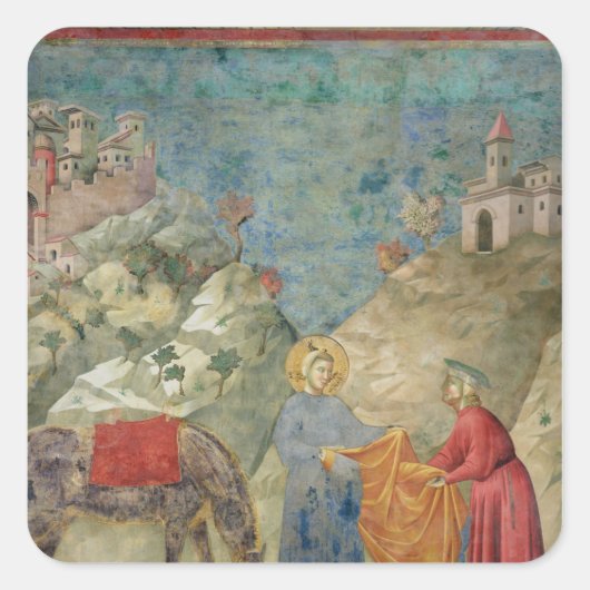 Der Heilige Franziskus gibt seinen Coat einem Frem Quadratischer Aufkleber (Vorderseite)