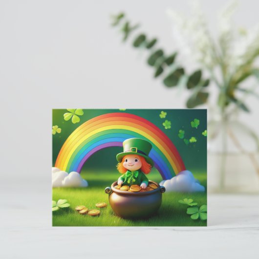 Der heilige Patrick's Day Leprechaun in Pot of Gol Postkarte (Stehend Vorderseite)