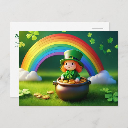 Der heilige Patrick's Day Leprechaun in Pot of Gol Postkarte (Vorne/Hinten)