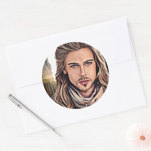 Der heißeste Typ in Village Originale Porträtkunst Runder Aufkleber (Umschlag)