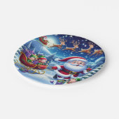 Der heitere Weihnachtsmann mit Schlitten und Elfen Pappteller (Schrägansicht)