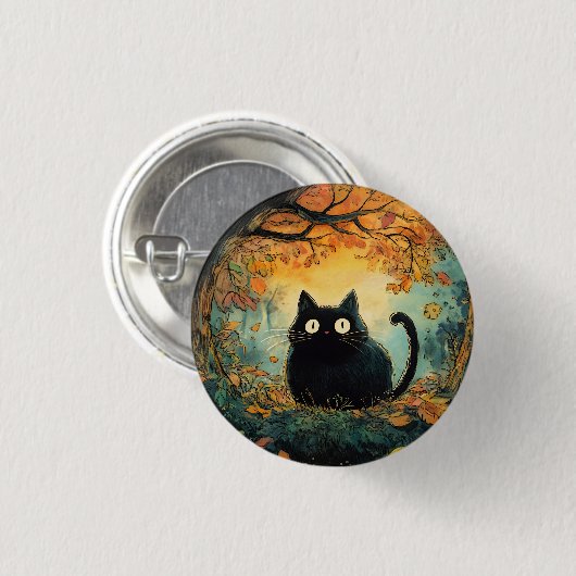 Der Herbst lässt eine gemütliche schwarze Katze fa Button (Vorne & Hinten)
