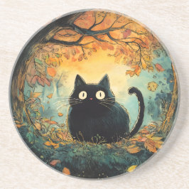 Der Herbst lässt eine gemütliche schwarze Katze fa Getränkeuntersetzer