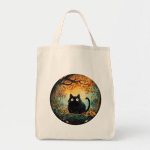 Der Herbst lässt eine gemütliche schwarze Katze fa Tragetasche