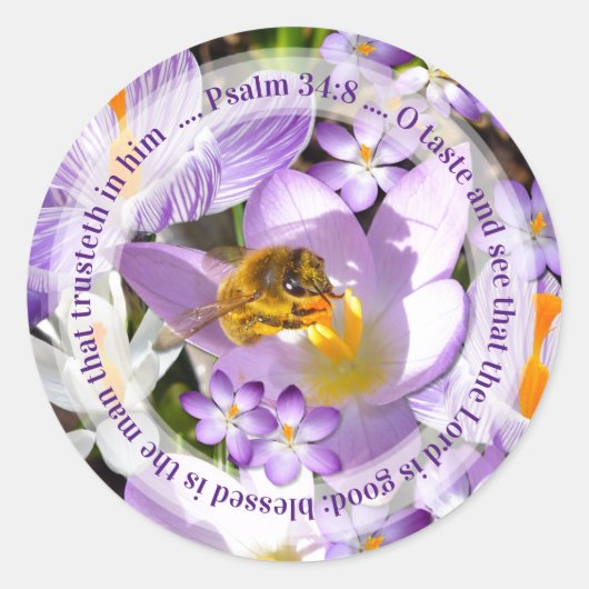 Der Herr ist gut, Biene auf Crocus Blume Runder Aufkleber (Vorderseite)