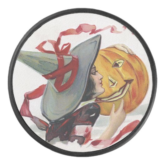 Der Hexenkuss: eine Kürbislaterne zu Halloween Eishockey Puck (Vorderseite)