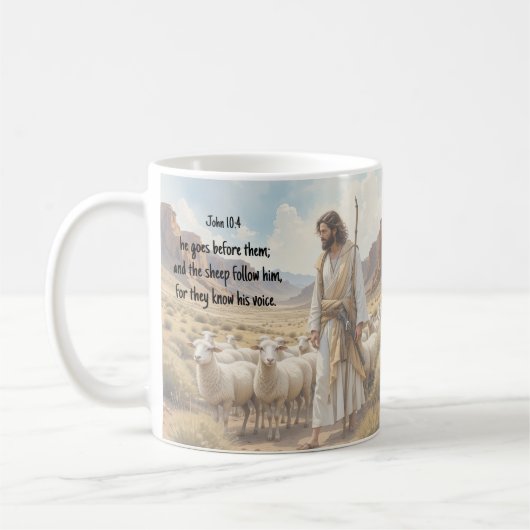 Der Hirte geht vor ihnen Bibel Schrift Kaffeetasse (Links)