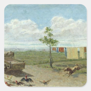 Der Hof (Öl auf Leinwand) Quadratischer Aufkleber