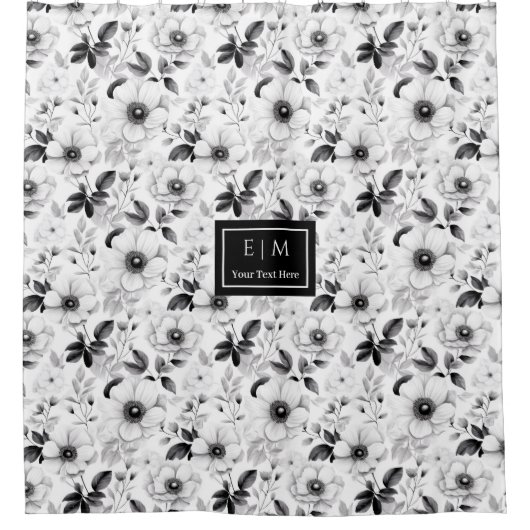 Der hübsche, schwarz-weiße Duschvorhang mit Blume (Vorderseite)