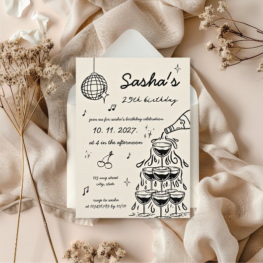 Der illustrierte Retro Champagner Tower zum Geburt Einladung