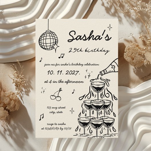 Der illustrierte Retro Champagner Tower zum Geburt Einladung