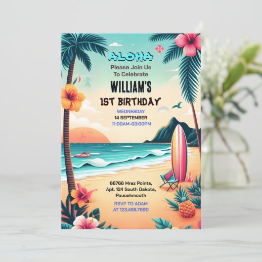 Der Joy hula Luau Surf Aloha Hawaiian 1. Geburtsta Einladung (Stehend Vorderseite)