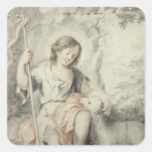 Der junge Johannes mit dem Lamm in einer Landschaf Quadratischer Aufkleber (Vorderseite)