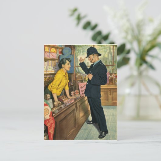 Der junge Polizist schäkert mit der Einkaufsmänner Postkarte (Stehend Vorderseite)