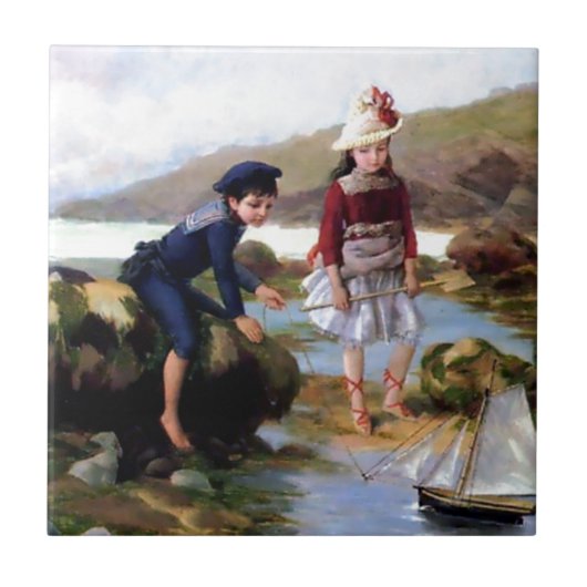 Der Junge und Mädchen, die mit Spielzeug-Segel Fliese (Vorderseite)