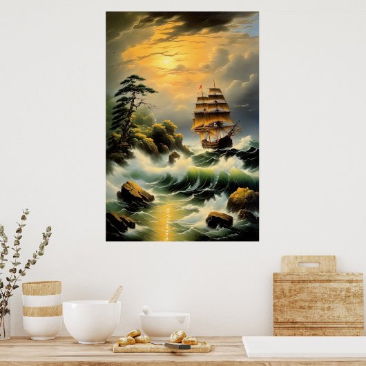 Der Kampf des Schiffes durch die Wavy Seas Poster (Küche)
