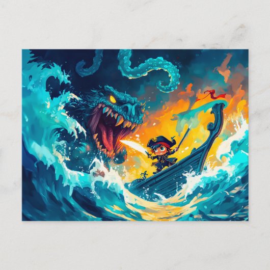 Der kleine Pirate kämpft gegen ein Seemännchen auf Postkarte (Vorderseite)