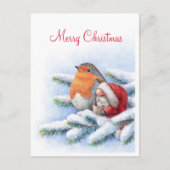 Der kleine Weihnachtsmann mit einem roten Rotkehlc Postkarte (Vorderseite)