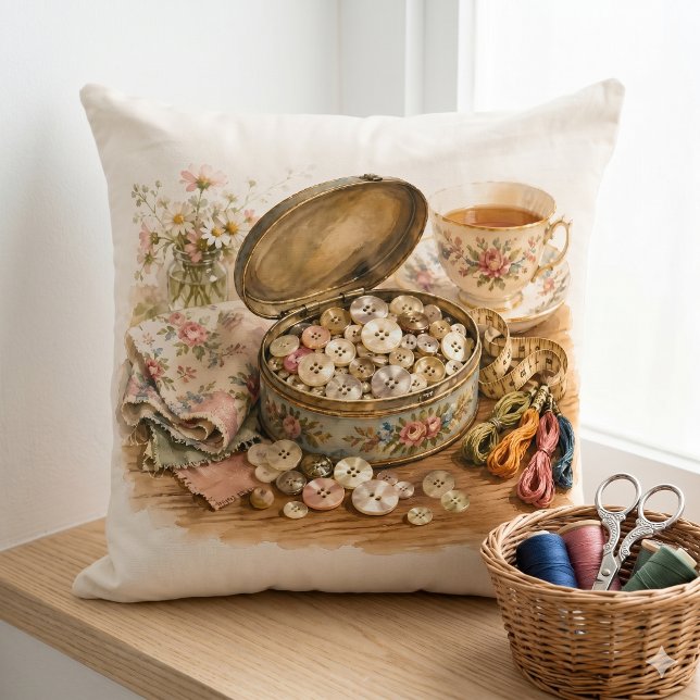 Der Knopf-Tin Kissen (The Button Tin Throw Pillow)