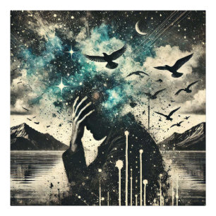 Der Kopf des Menschen in den Händen mit Starry Sky Fotodruck