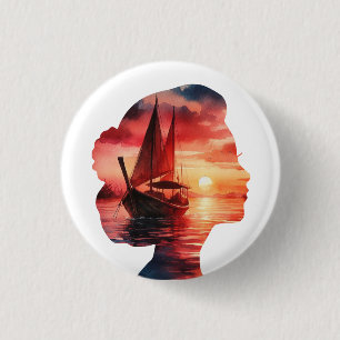 der Kopf einer Frau, der einen Sonnenuntergang mit Button
