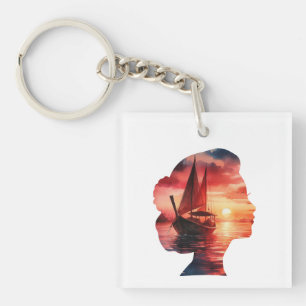 der Kopf einer Frau, der einen Sonnenuntergang mit Schlüsselanhänger