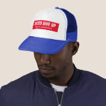 Der Kunde gibt nie auf, nie Text übergeben Truckerkappe<br><div class="desc">Kundentext Moderne Elegante Vorlage Sport Fitness Damen Männer Unisex nie aufgeben Red White Blue Baseball & Trucker Hats / Caps.</div>