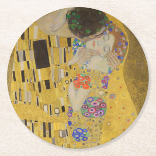 Der Kuss, Art Nouveau Ölgemälde, Gustav Klimt Runder Pappuntersetzer